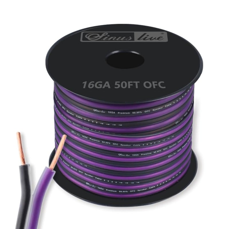 SINUS LIVE سلك مكبر الصوت Sinus Live 16AWG OFC (نحاس خالي من الأكسجين) استخدام رائع لمكبرات الصوت في المسرح المنزلي ومكبرات الصوت في السيارة، بنفسجي وأسود (50 قدم OFC) - Image 1
