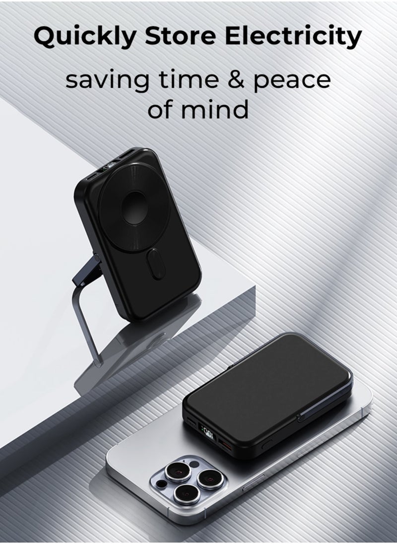 glassology - 10000mAh 20W Power Bank Magsafe Wireless Charger with Stand Fast Charging, Battery Pack with Built-in USB-C Cable and Adjustable Stand, for iPhone 16/15 Series, AirPods, and More - Image 1
