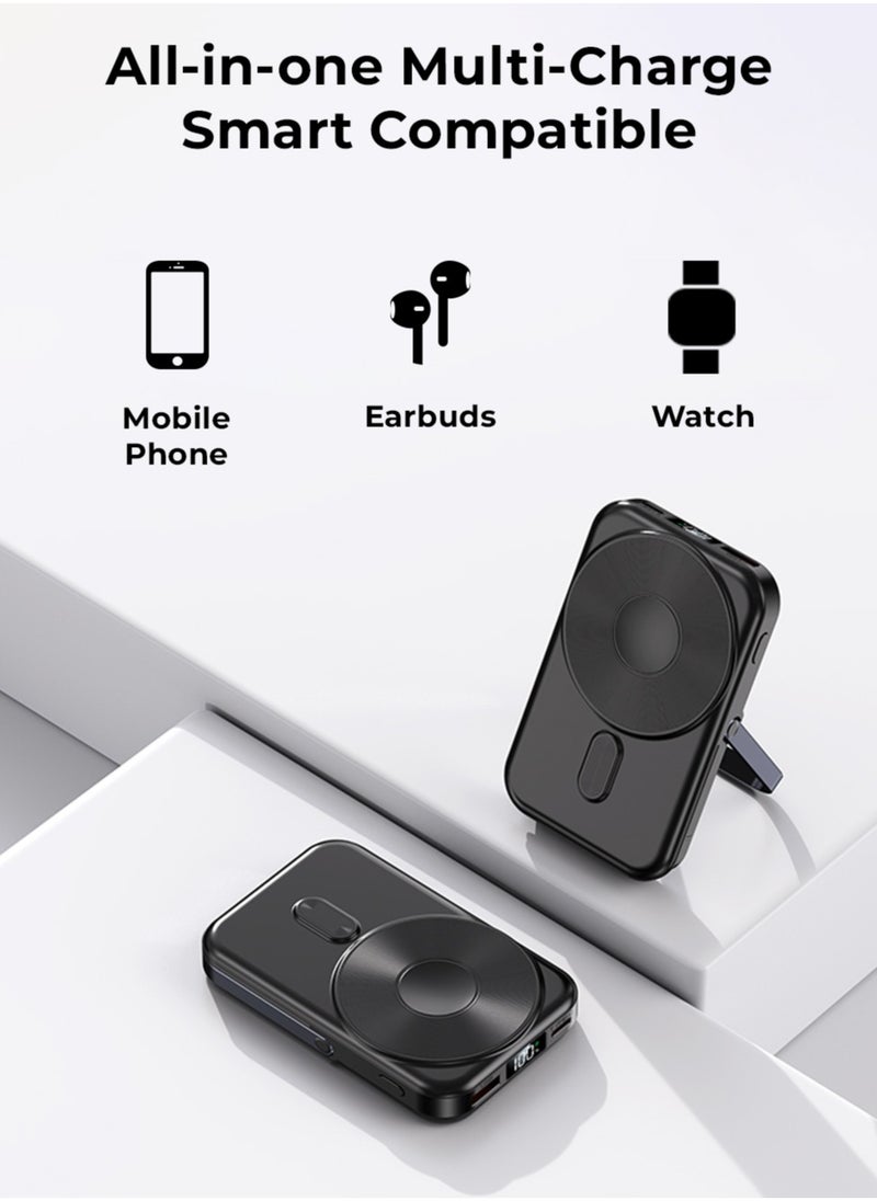 glassology - 10000mAh 20W Power Bank Magsafe Wireless Charger with Stand Fast Charging, Battery Pack with Built-in USB-C Cable and Adjustable Stand, for iPhone 16/15 Series, AirPods, and More - Image 1