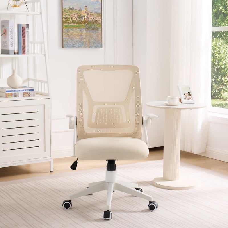 VECELO Mid-Back Swivel Ergonomic Office Chair with Adjustable Arms Mesh Lumbar Support for Computer Task Work, Beige - Image 2