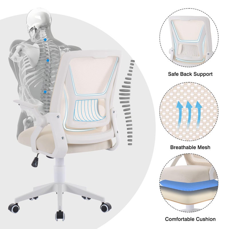 VECELO Mid-Back Swivel Ergonomic Office Chair with Adjustable Arms Mesh Lumbar Support for Computer Task Work, Beige - Image 4