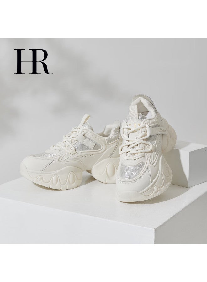Hrhr Women's Shoes Winter New Thick Sole Height Increasing Dad Sneakers Casual Sports Shoes Elegant Silver Size 37 - Image 1