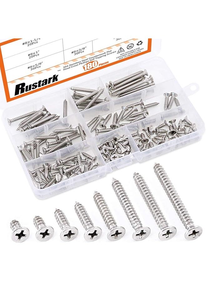 Rustark Rustark 180Pcs [#8 3/8" to 1-1/2"] 304 Stainless Steel Countersunk Flat Head Phillips Cross Wood Screws Drive Self Tapping Drilling Screw Assortment Kit  - Image 1