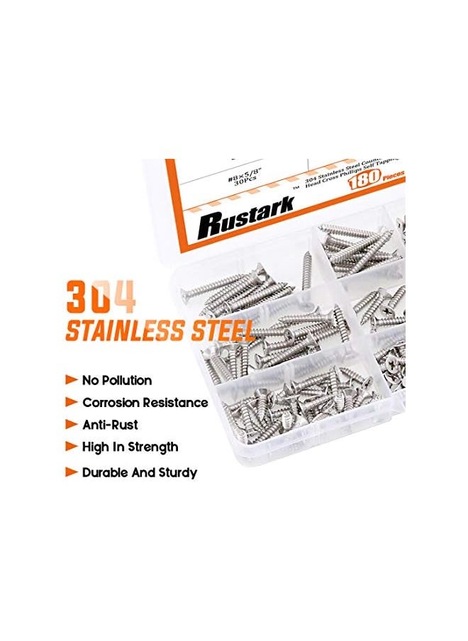 Rustark Rustark 180Pcs [#8 3/8" to 1-1/2"] 304 Stainless Steel Countersunk Flat Head Phillips Cross Wood Screws Drive Self Tapping Drilling Screw Assortment Kit  - Image 5