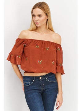 Women Off Shoulder Ruffle Sleeve Embroidered Tops, Rich Copper