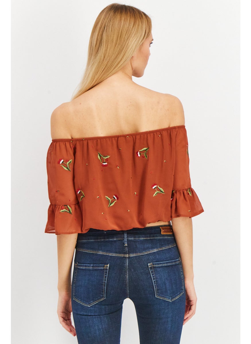 VERO MODA - Women Off Shoulder Ruffle Sleeve Embroidered Tops, Rich Copper - Image 1