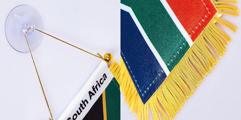 WXTWK 3 X 5 Inch South Africa Flag South African Window Hanging Flag Small Mini Car Flags Banners Rearview Mirror Decoration With Suction Cup Golden Fringy Banner - Image 3