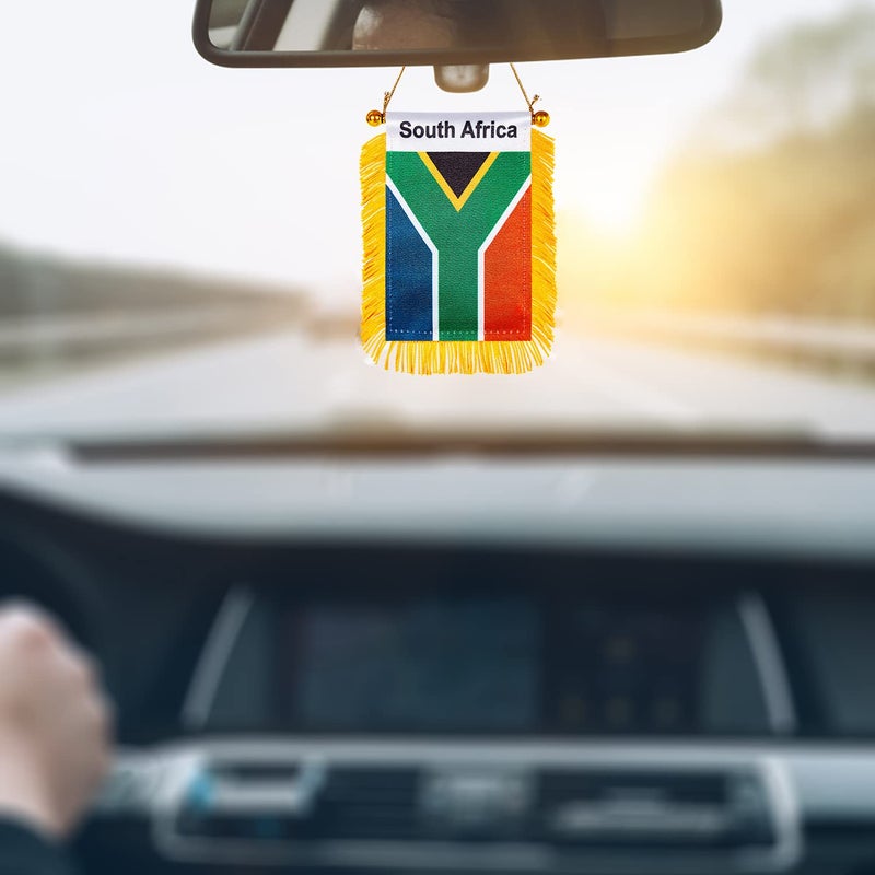 WXTWK 3 X 5 Inch South Africa Flag South African Window Hanging Flag Small Mini Car Flags Banners Rearview Mirror Decoration With Suction Cup Golden Fringy Banner - Image 4