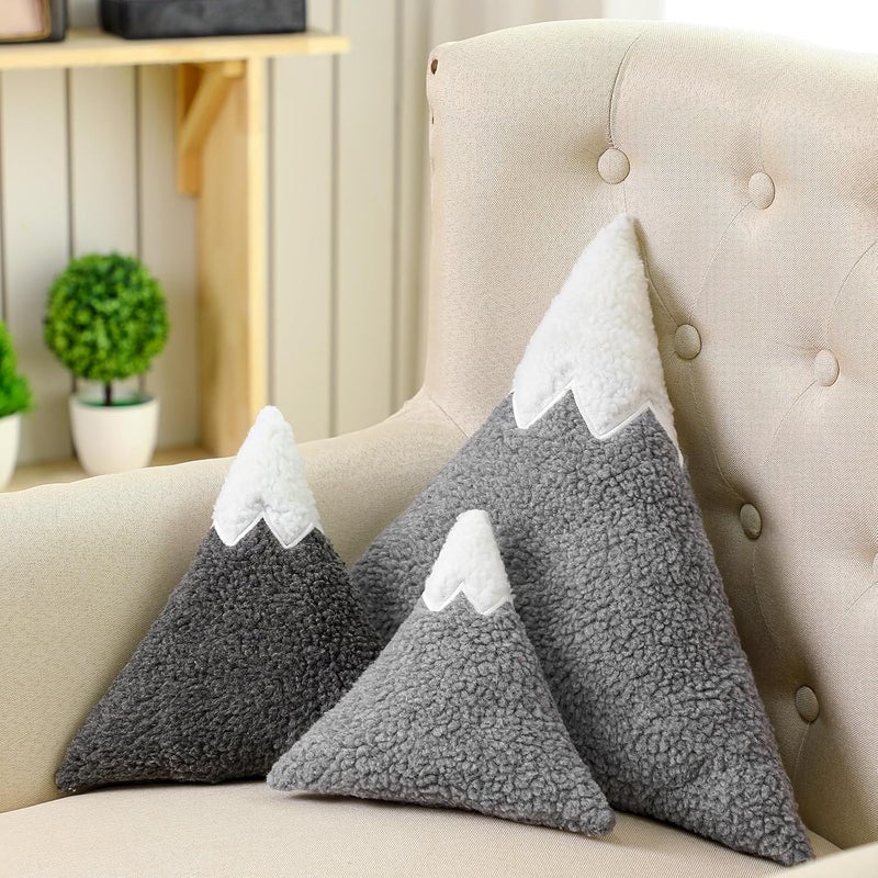 Shellwei 3 Pcs Mountain Shaped Decorative Pillow Sherpa Cute Nursery Playroom Pillow Grey and White Nursery Accessories Kawaii Decorative Gift Toy for Girls Boy Kids - Image 1