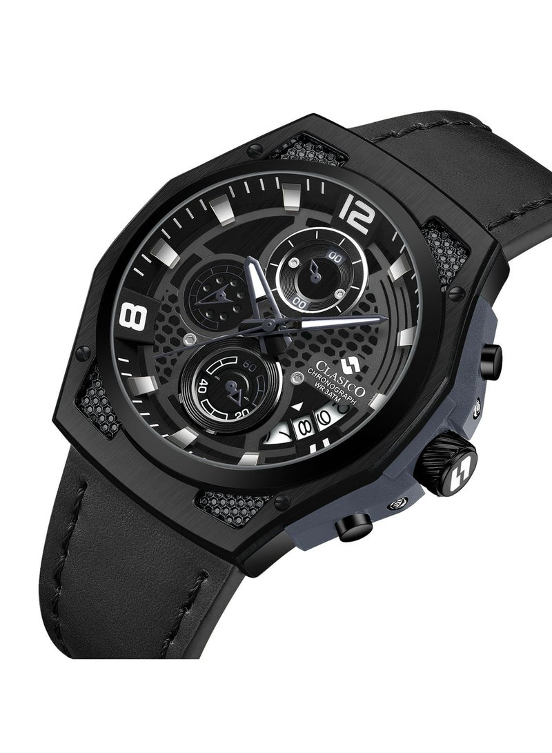 Raptor 6-Hands Chronograph Watch – Blacked Out Edition with Genuine Leather Strap – Elite Y121 Calibre Movement – Waterproof Design