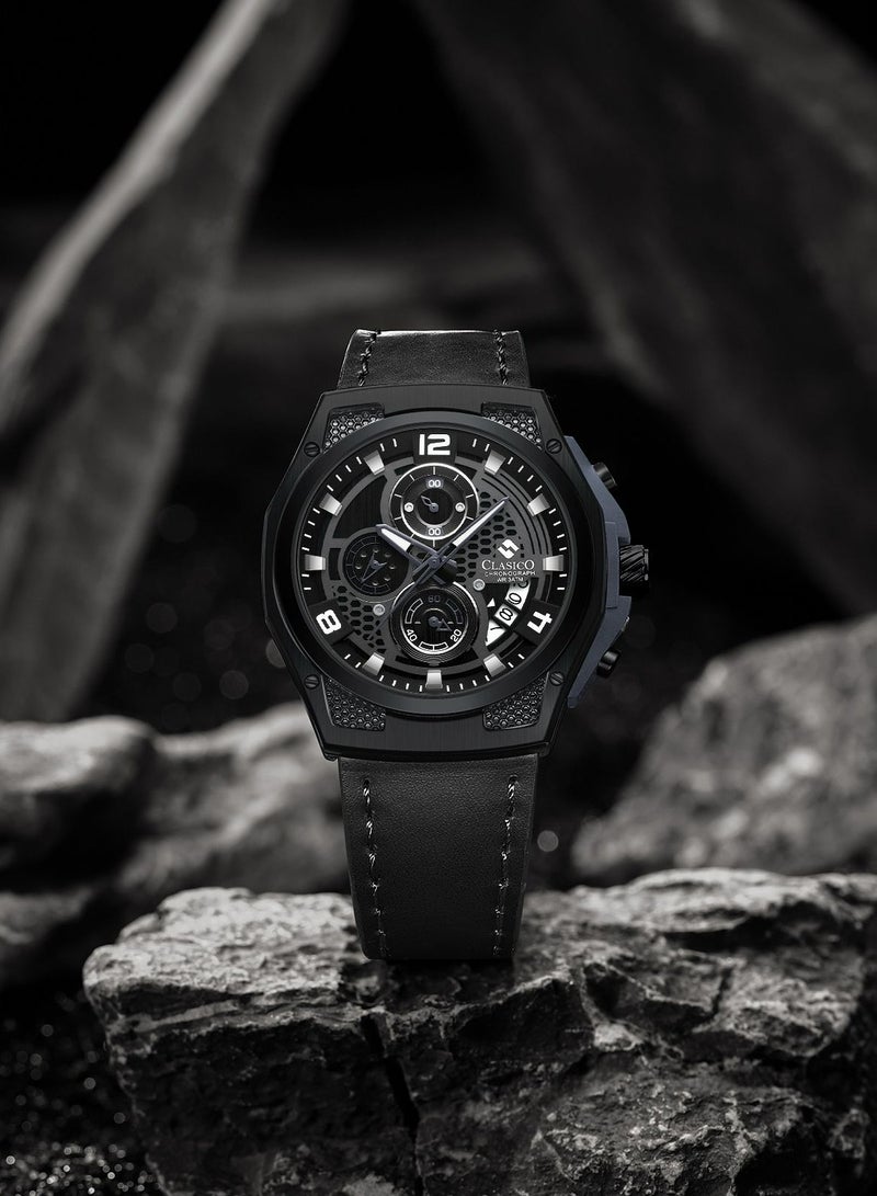 Raptor 6-Hands Chronograph Watch – Blacked Out Edition with Genuine Leather Strap – Elite Y121 Calibre Movement – Waterproof Design