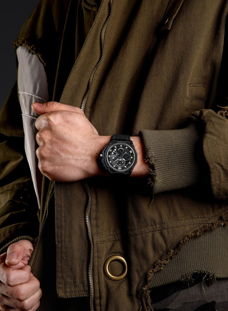 Raptor 6-Hands Chronograph Watch – Blacked Out Edition with Genuine Leather Strap – Elite Y121 Calibre Movement – Waterproof Design
