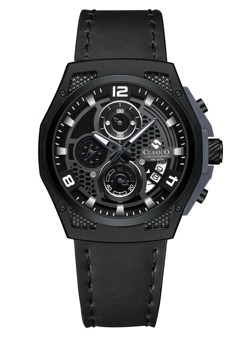 Raptor 6-Hands Chronograph Watch – Blacked Out Edition with Genuine Leather Strap – Elite Y121 Calibre Movement – Waterproof Design