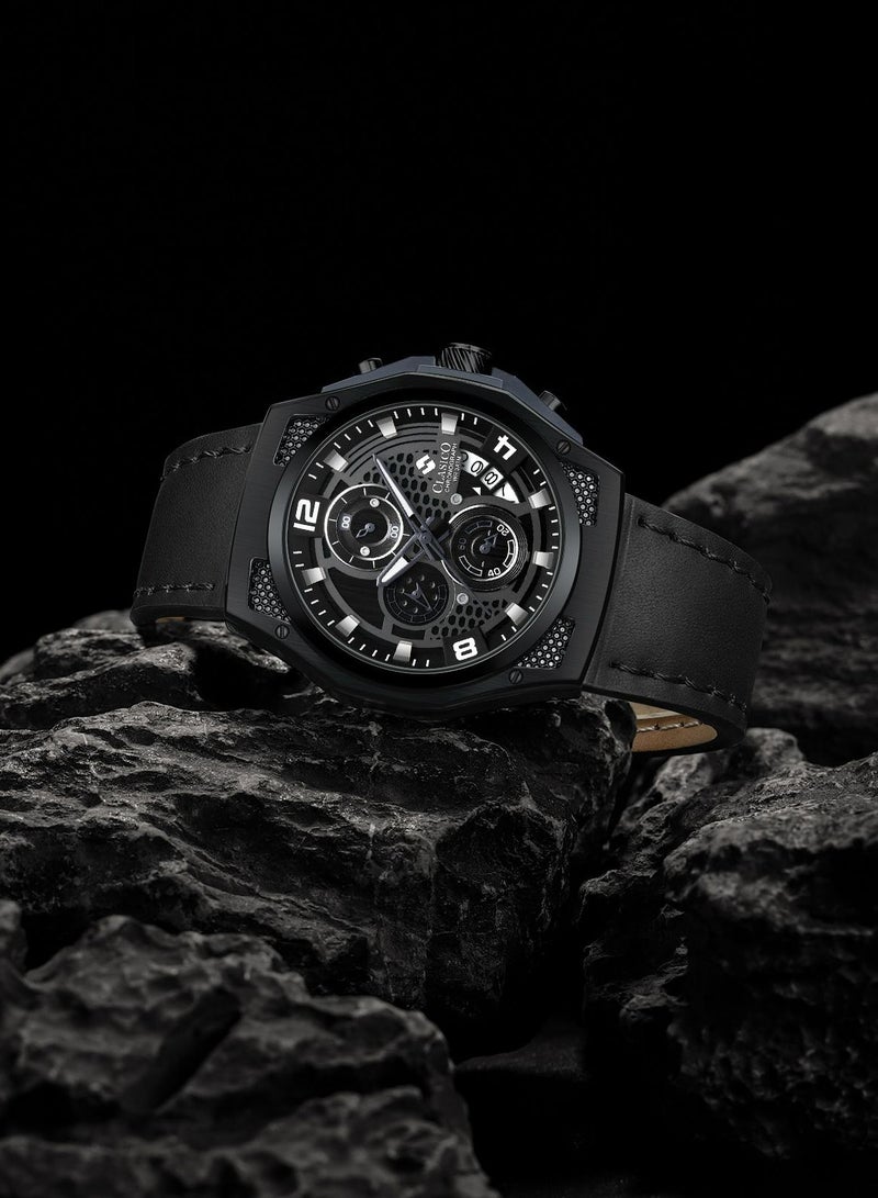 Raptor 6-Hands Chronograph Watch – Blacked Out Edition with Genuine Leather Strap – Elite Y121 Calibre Movement – Waterproof Design