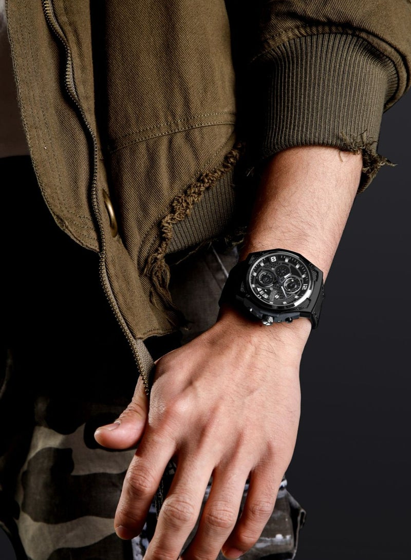 Raptor 6-Hands Chronograph Watch – Blacked Out Edition with Genuine Leather Strap – Elite Y121 Calibre Movement – Waterproof Design