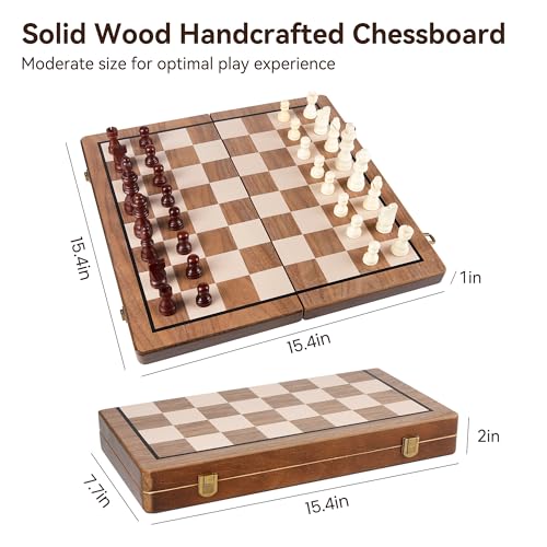 Hvygss 15 Inch Magnetic Chess Board Foldable Wooden Chess Set with Checkers Handcrafted Pieces with 2 Extra Queens Portable Travel Board Game for Kids 6 Walnut Style 15 Inch - Image 5