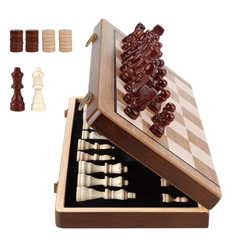 Hvygss 15 Inch Magnetic Chess Board Foldable Wooden Chess Set with Checkers Handcrafted Pieces with 2 Extra Queens Portable Travel Board Game for Kids 6 Walnut Style 15 Inch - Image 1