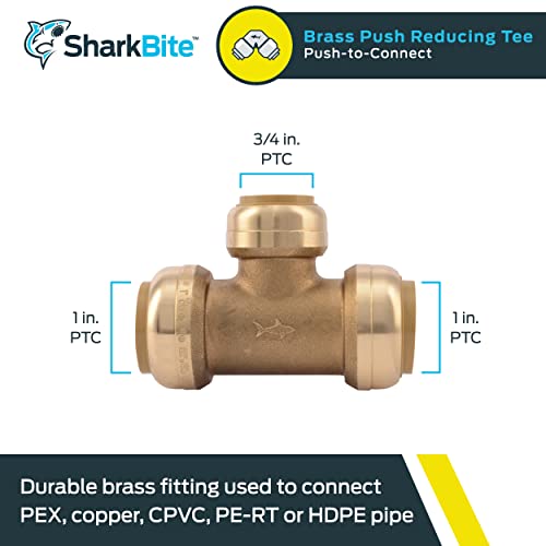 SharkBite 1 Inch x 1 Inch x 3/4 Inch Reducing Tee, Push to Connect Brass Plumbing Fitting, PEX Pipe, Copper, CPVC, PE-RT, HDPE, U416LFA - Image 2