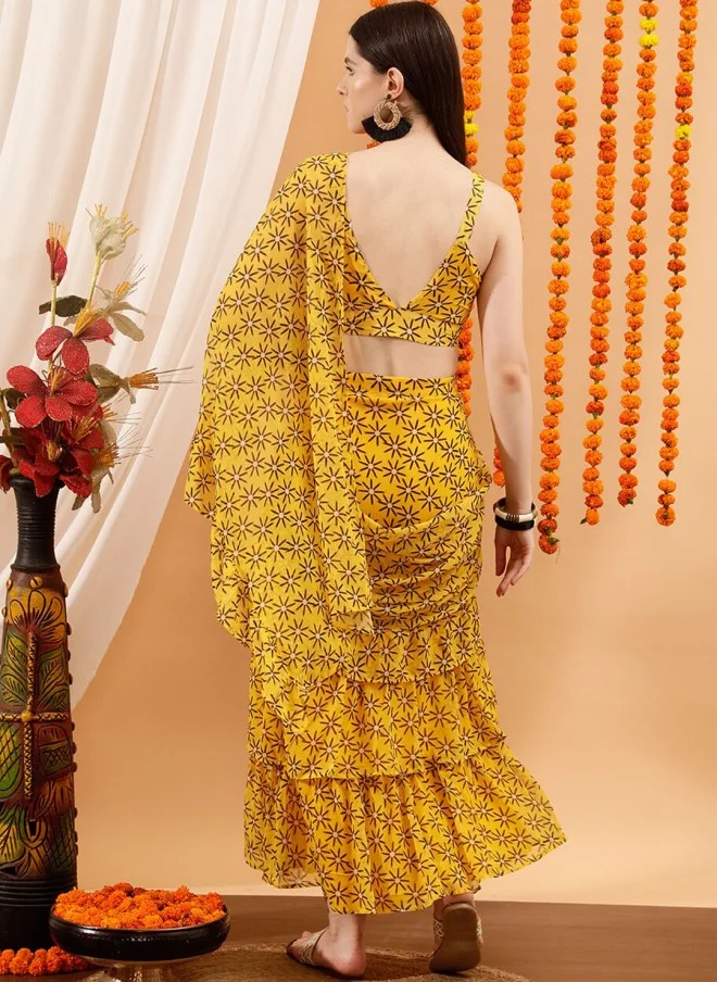 Indo Street Floral Yellow Ready to Wear Saree for Women
