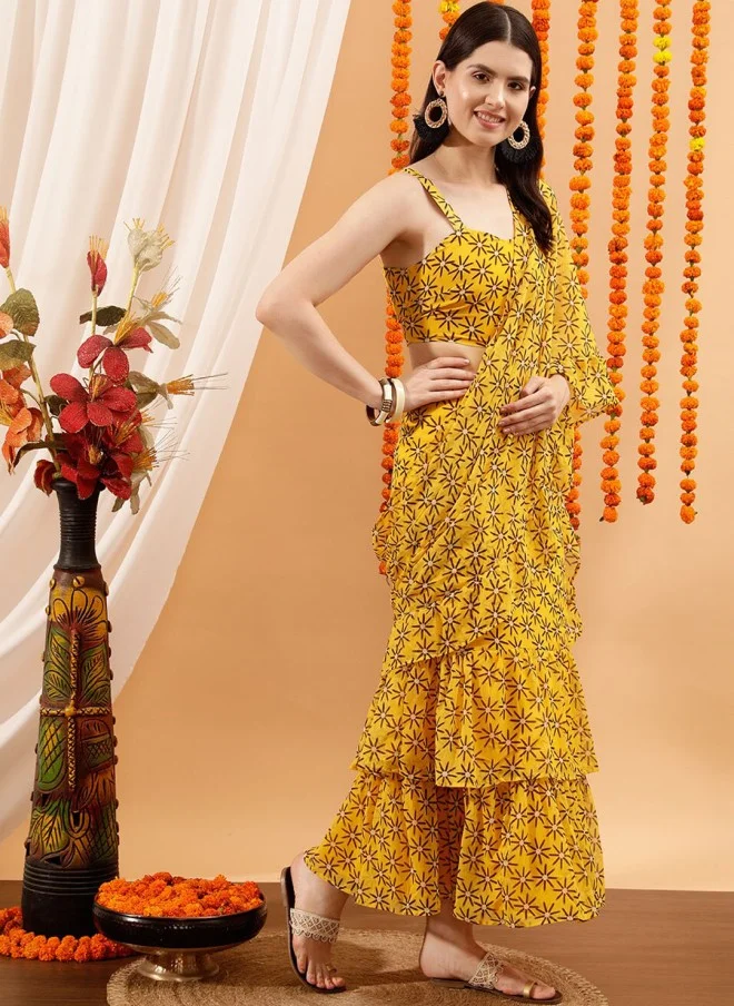 Indo Street Floral Yellow Ready to Wear Saree for Women