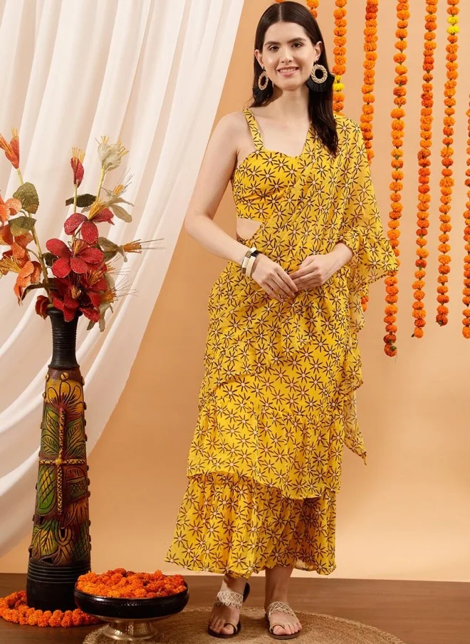 Indo Street Floral Yellow Ready to Wear Saree for Women