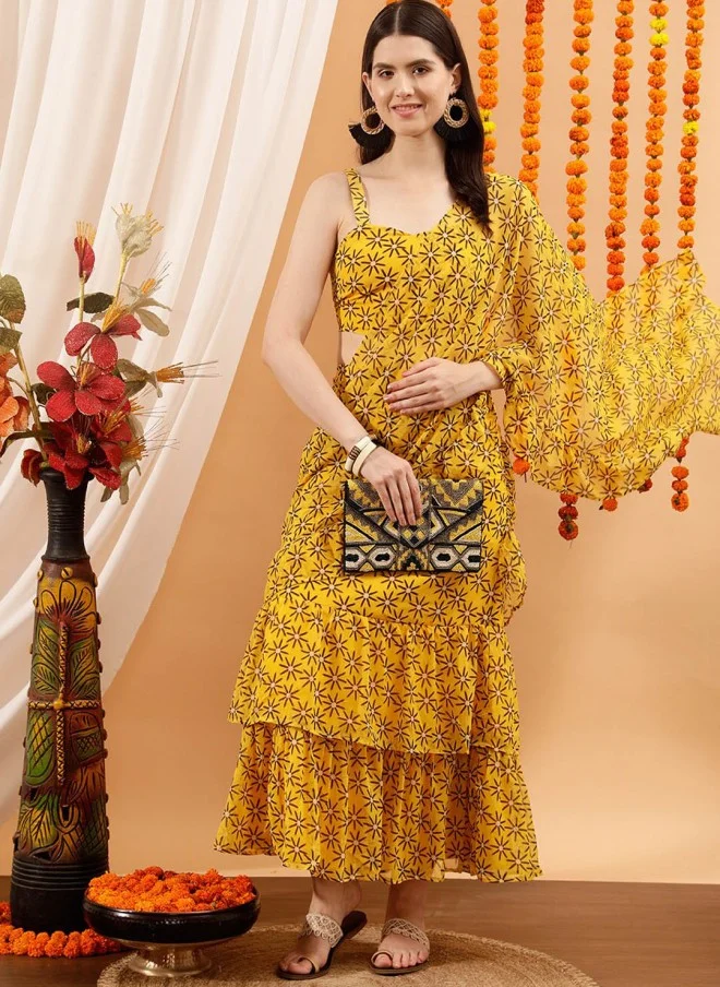 Indo Street Floral Yellow Ready to Wear Saree for Women
