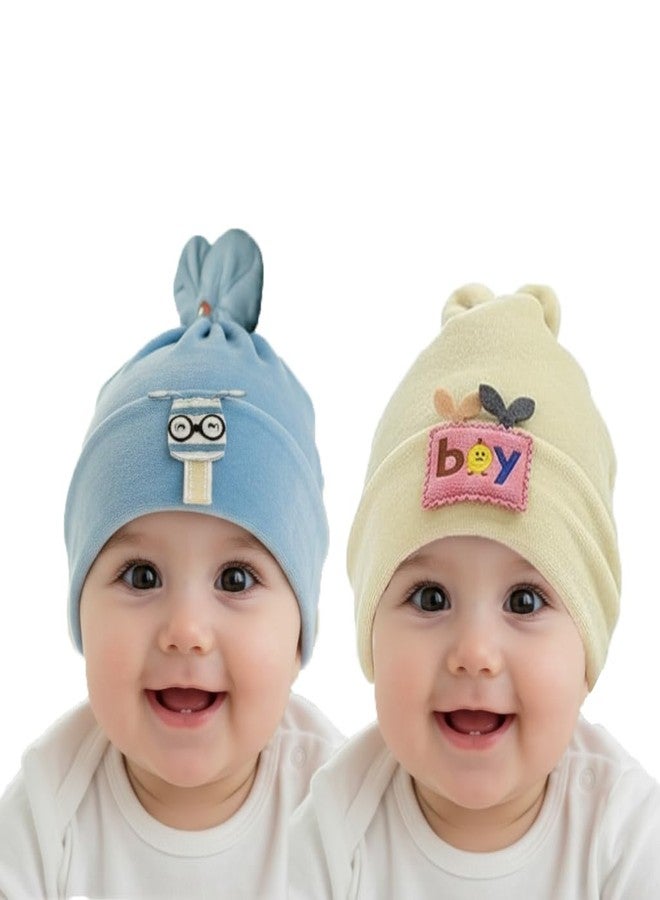 FIT FOCUS (Pack of 2) Kids Velvet Winter Woolen Caps for Beanie Hat Cap's Warm Cap for Baby Kids Cap New Born Baby Cap's for Boys & Girls (in, Age, 0 Months, 3 Months, Blue+Yellow) - Image 1