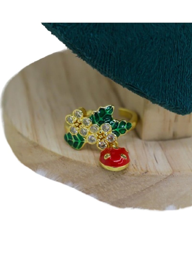 Crystal Rhinestone Apple, Gold-Plated with Green Enamel Leaves, Red Fruit Design