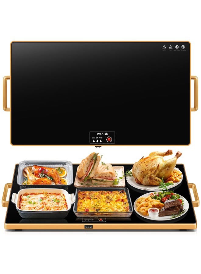 Wanish صينية تسخين كهربائية (XXL 32"x18") مع ترموستات وسلك طاقة بطول 78"، صينية تسخين الطعام مع درجة حرارة قابلة للتعديل - حافظ على الطعام ساخنًا للحفلات والتجمعات، سطح زجاجي مقسى مقاوم للحرارة، أسود - Image 1