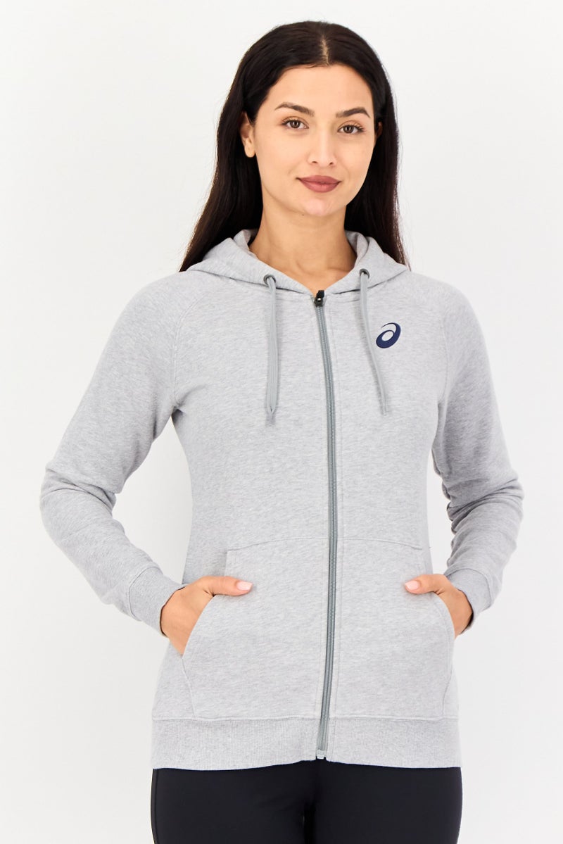 asics هودي رياضي نسائي بأكمام طويلة مناسب في الهواء الطلق بسحاب كامل، رمادي مائل إلى البيج - Image 1