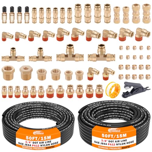CheeMuii 72 PCS Brass DOT Air Line Fittings with 50FT 14 and 50FT 38 DOT Air Line Kit Push Lock Air Fitting Quick Connect NPT Thread Fittings with Pneumatic Tubing - Image 1
