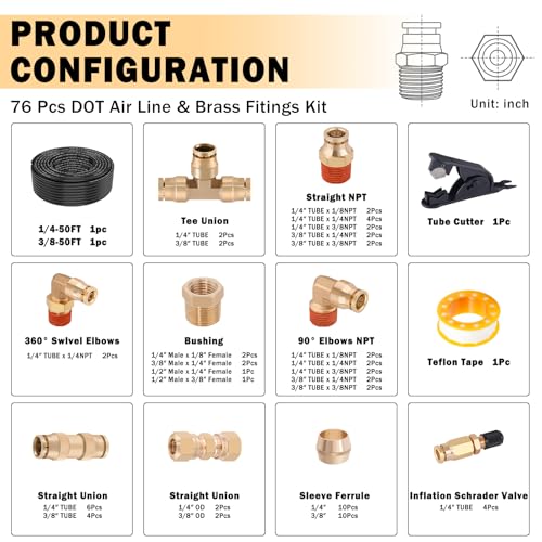 CheeMuii 72 PCS Brass DOT Air Line Fittings with 50FT 14 and 50FT 38 DOT Air Line Kit Push Lock Air Fitting Quick Connect NPT Thread Fittings with Pneumatic Tubing - Image 3
