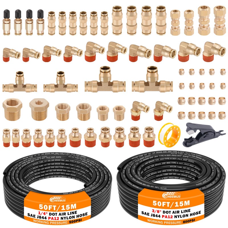 CheeMuii 72 PCS Brass DOT Air Line Fittings with 50FT 14 and 50FT 38 DOT Air Line Kit Push Lock Air Fitting Quick Connect NPT Thread Fittings with Pneumatic Tubing - Image 2