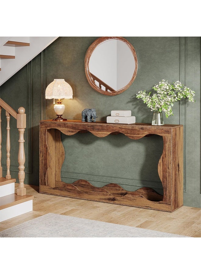 كيكي طاولة كونسول مموجة – طاولة مدخل منحوتة من الخشب الصلب بحواف منحنية، طاولة مدخل ريفية عتيقة مع رف تخزين مفتوح - Image 2