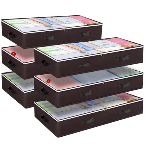 Budding Joy 6 Pack 90L Under bed Storage Containers Organizer Large Capacity Underbed Clothes Storage Bins Organization and Storage Bedroom Foldable Storage Bags with Clear Window Brown - Image 1