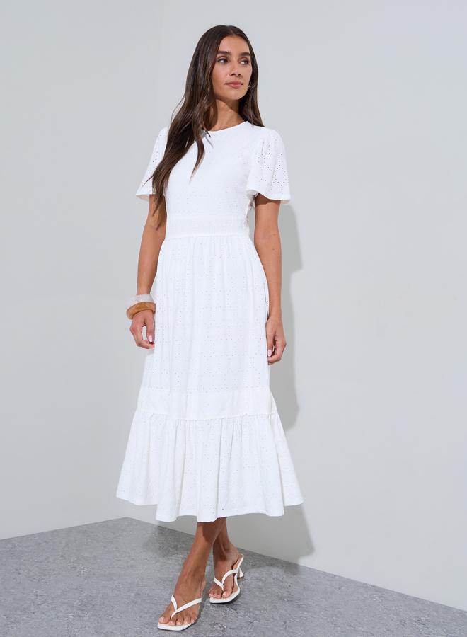 Styli Off White Schiffli Details Bell Short Sleeves Tiered Midi Dress - Image 1