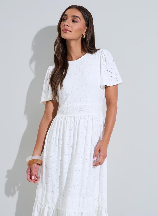 Styli Off White Schiffli Details Bell Short Sleeves Tiered Midi Dress - Image 2