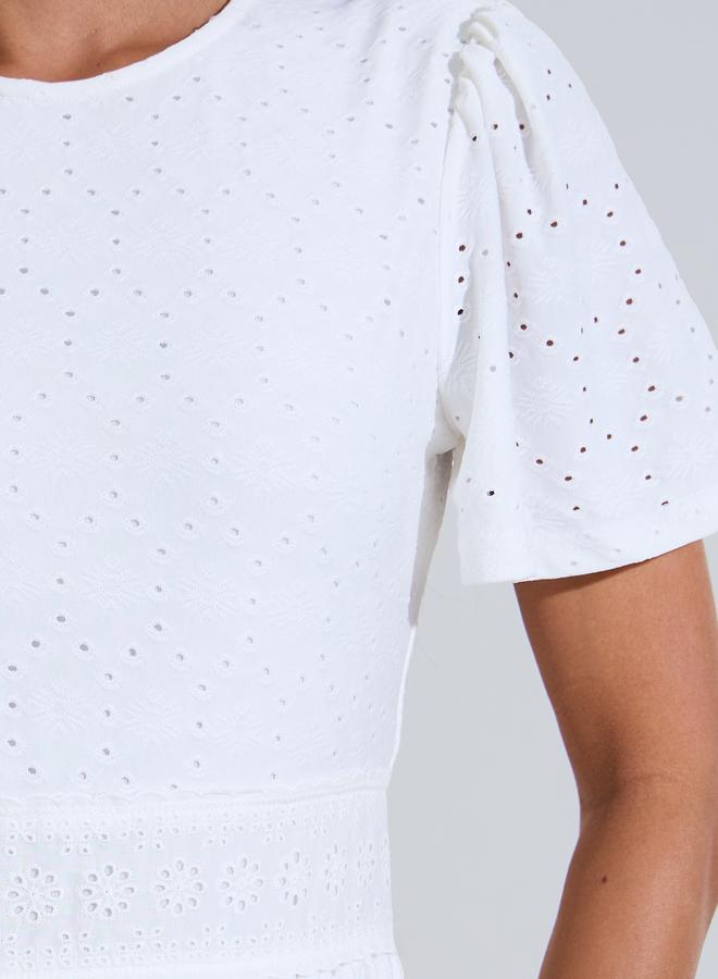 Styli Off White Schiffli Details Bell Short Sleeves Tiered Midi Dress - Image 3