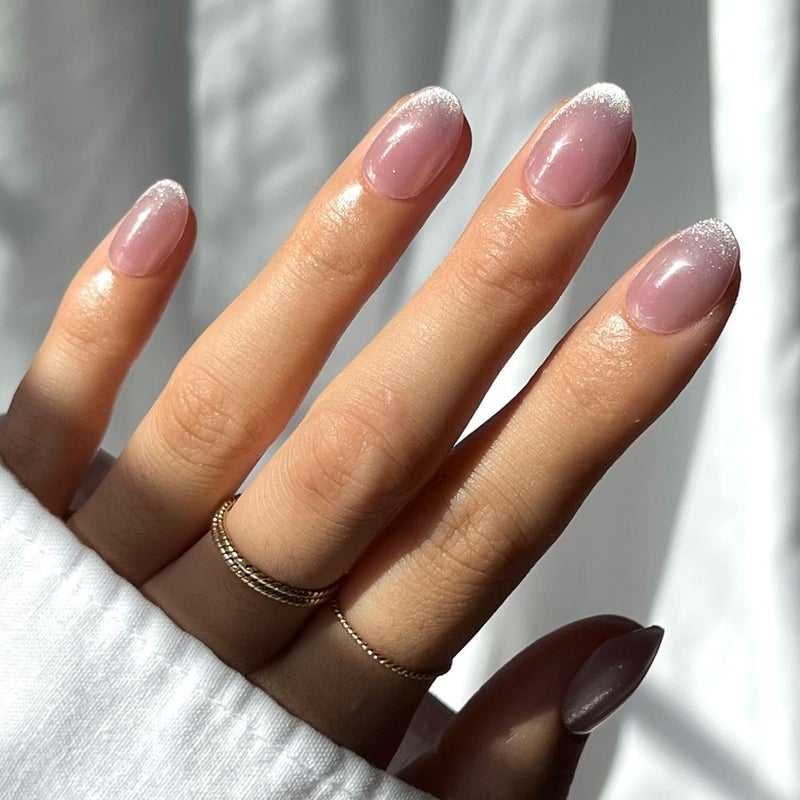 Glamnetic Press On Nails  Fairy Dust  Short Oval BeigePink Nails with a Mesmerizing Metallic Finish  15 Sizes  30 Nail Kit with Glue