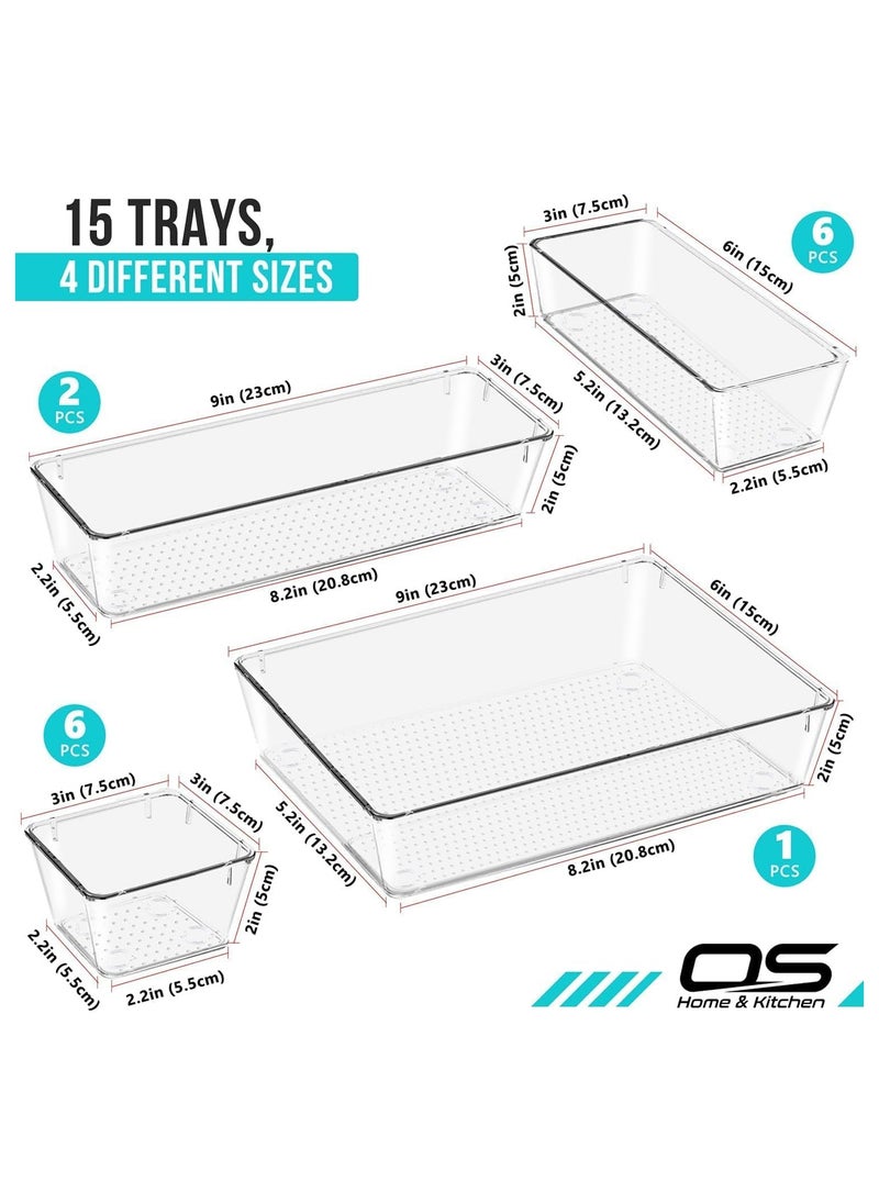 Generic Set of 15 clear plastic drawer organizers, multi-size, organize drawers in bathroom, makeup, jewelry, kitchen and office.  - Image 2