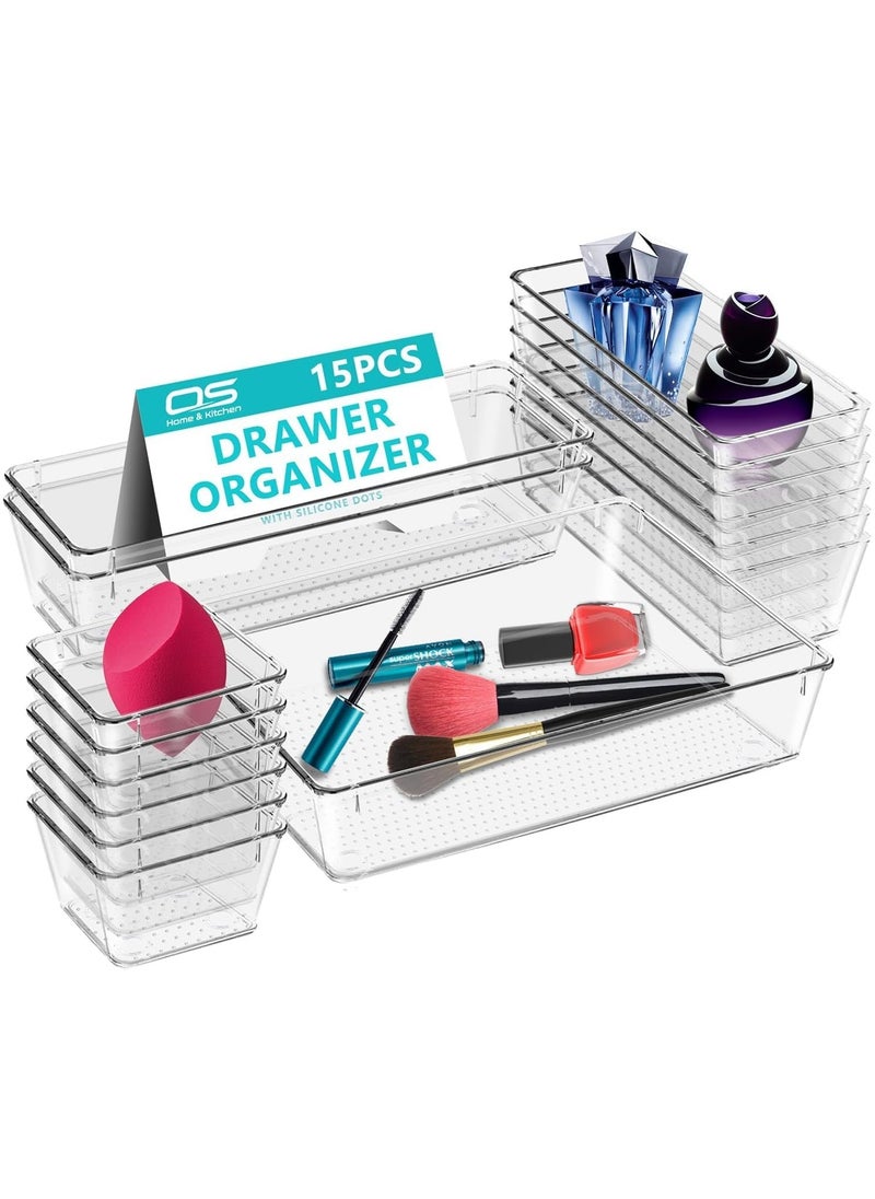 Generic Set of 15 clear plastic drawer organizers, multi-size, organize drawers in bathroom, makeup, jewelry, kitchen and office.  - Image 1