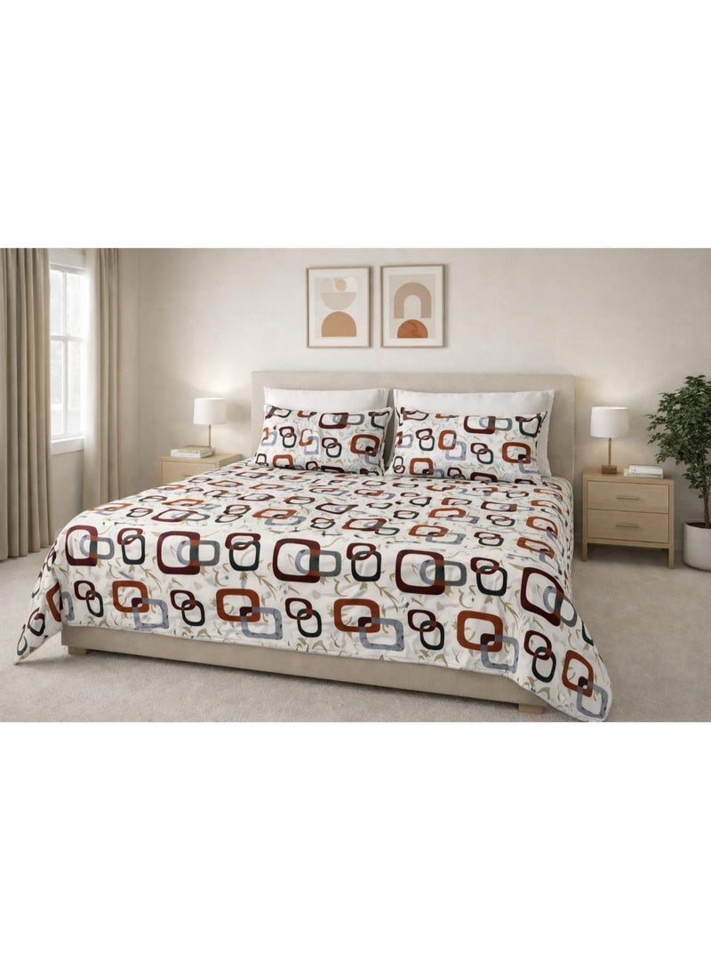 King Size Bedsheet, Modern Geometric Cotton Bedding Set, King Size 240x220cm, White Colour Mix with Burgundy Gray Pattern, Hypoallergenic Washable Fabric, 3-Piece with 2 Pillow Covers. - Image 1