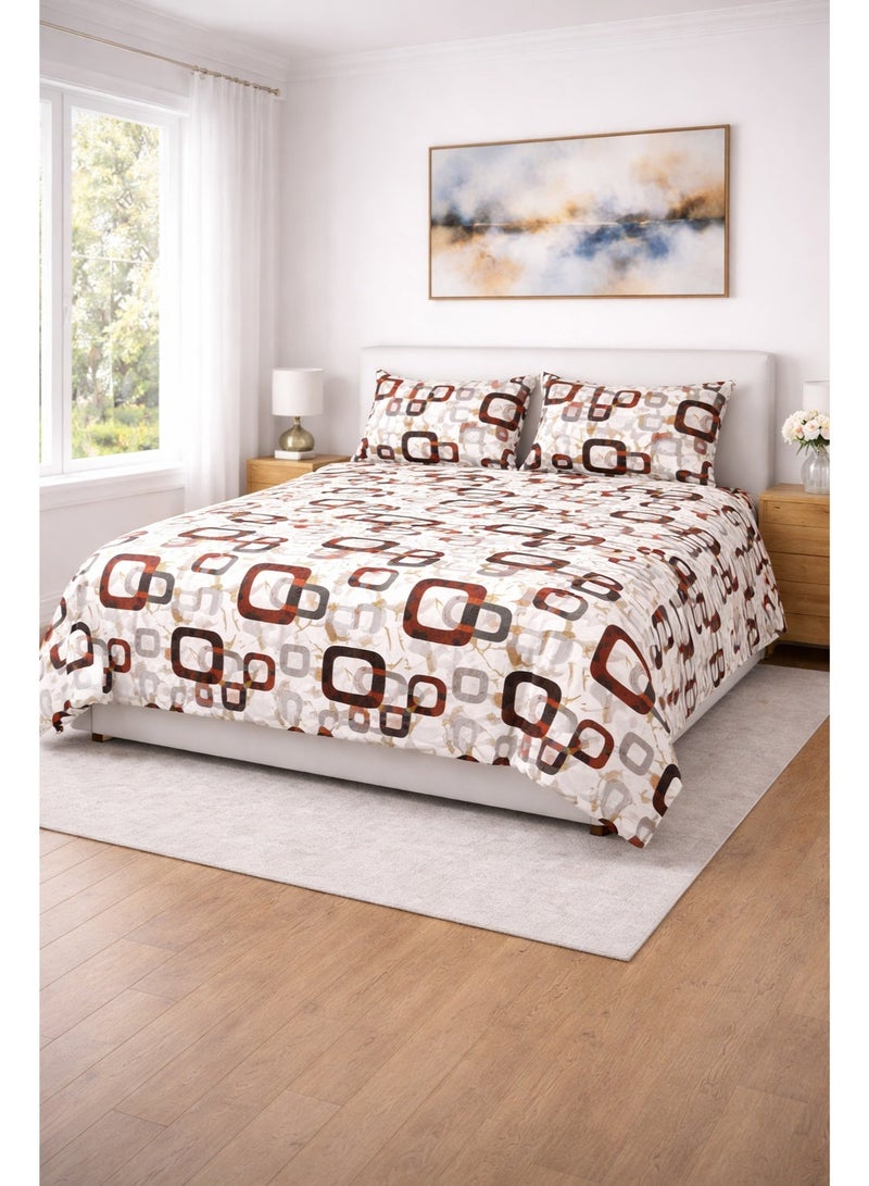 طقم ملاءة سرير مقاس كينج، تصميم هندسي عصري من القطن، مقاس كينج 230×240 سم، لون أبيض ممزوج بنقشة عنابي ورمادي، قماش قابل للغسل ومضاد للحساسية، طقم 3 قطع مع 2 غطاء وسادة. - Image 1
