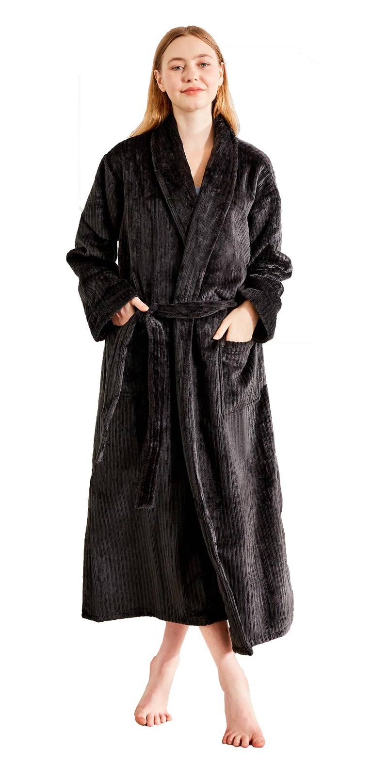 Serenhom Womenâ€™s Plush Soft Fleece Robe â€“ Fluffy Warm Jacquard Bathrobe, Cozy Loungewear for Spa, Sleep, and Relaxation, Black, Medium - Image 1