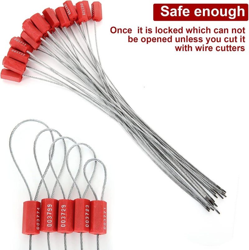 APACALI 100 PCS Steel Security Cable Seals Numbered Tamper Proof Security Tags, Red Pull-Tite Container Seals Wire Seals, Metal Self-Locking Cable Steel Wire Seal for Truck Container Shipping, 12”/300mm - Image 5