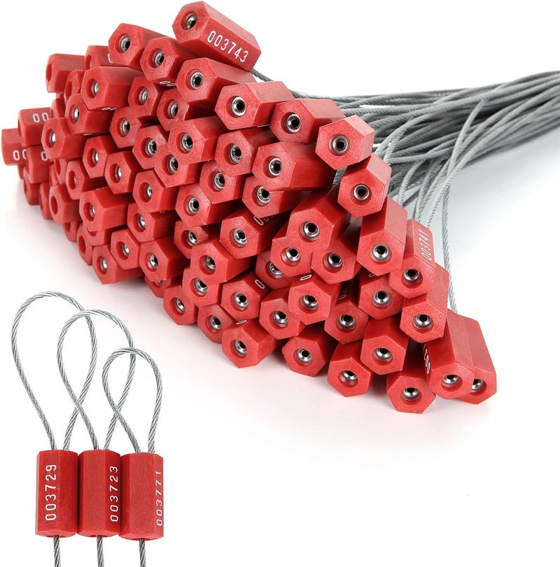 APACALI 100 PCS Steel Security Cable Seals Numbered Tamper Proof Security Tags, Red Pull-Tite Container Seals Wire Seals, Metal Self-Locking Cable Steel Wire Seal for Truck Container Shipping, 12”/300mm - Image 1