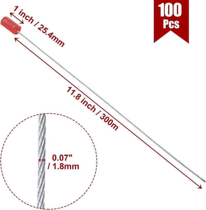 APACALI 100 PCS Steel Security Cable Seals Numbered Tamper Proof Security Tags, Red Pull-Tite Container Seals Wire Seals, Metal Self-Locking Cable Steel Wire Seal for Truck Container Shipping, 12”/300mm - Image 2