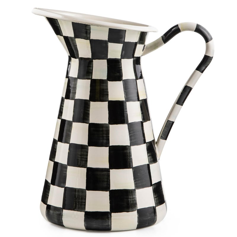 mackenzie childs إبريق مكنزي تشايلدز العملي المينا مع صنبور لإبريق المشروبات للشاي المثلج أو الماء مزهرية كبيرة باللونين الأسود والأبيض بتصميم مربعات المحكمة