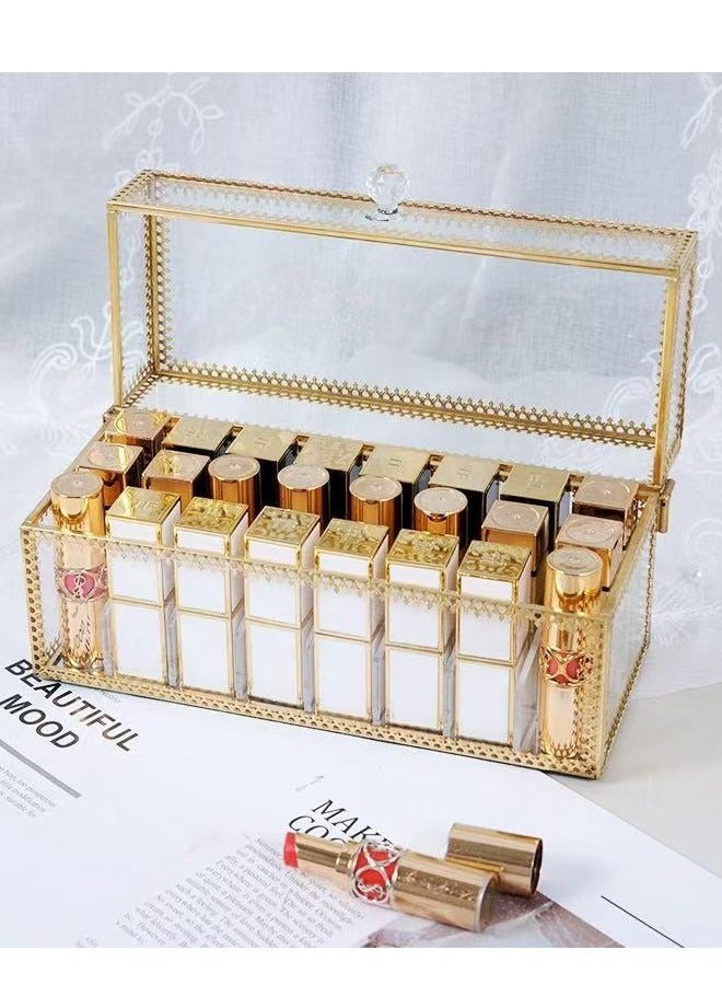 2 Pieces Makeup Organizer Lipstick Holder Lipstick Organiser Cosmetic Storage Box with Lid Dust Free Glass Transparent Lip Gloss Eye Liner Vanity Cabinet (Gold 24 Grids） - Image 1