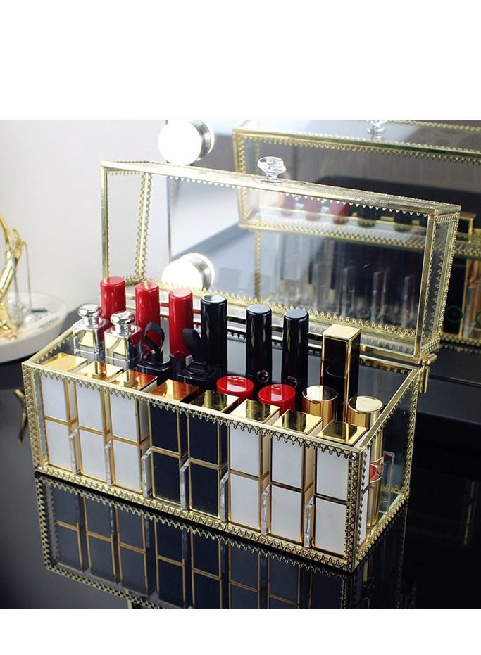 2 Pieces Makeup Organizer Lipstick Holder Lipstick Organiser Cosmetic Storage Box with Lid Dust Free Glass Transparent Lip Gloss Eye Liner Vanity Cabinet (Gold 24 Grids） - Image 2